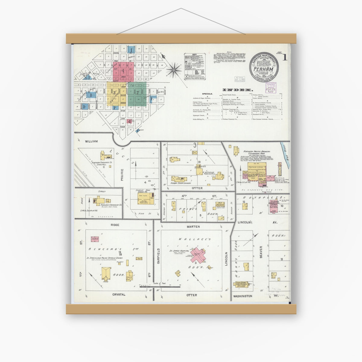 Old map wall art mockup — magnetic wood frame on white wall — Sanborn Fire Insurance Map from Perham, Otter Tail County, Minnesota (1904), Sheet #0001