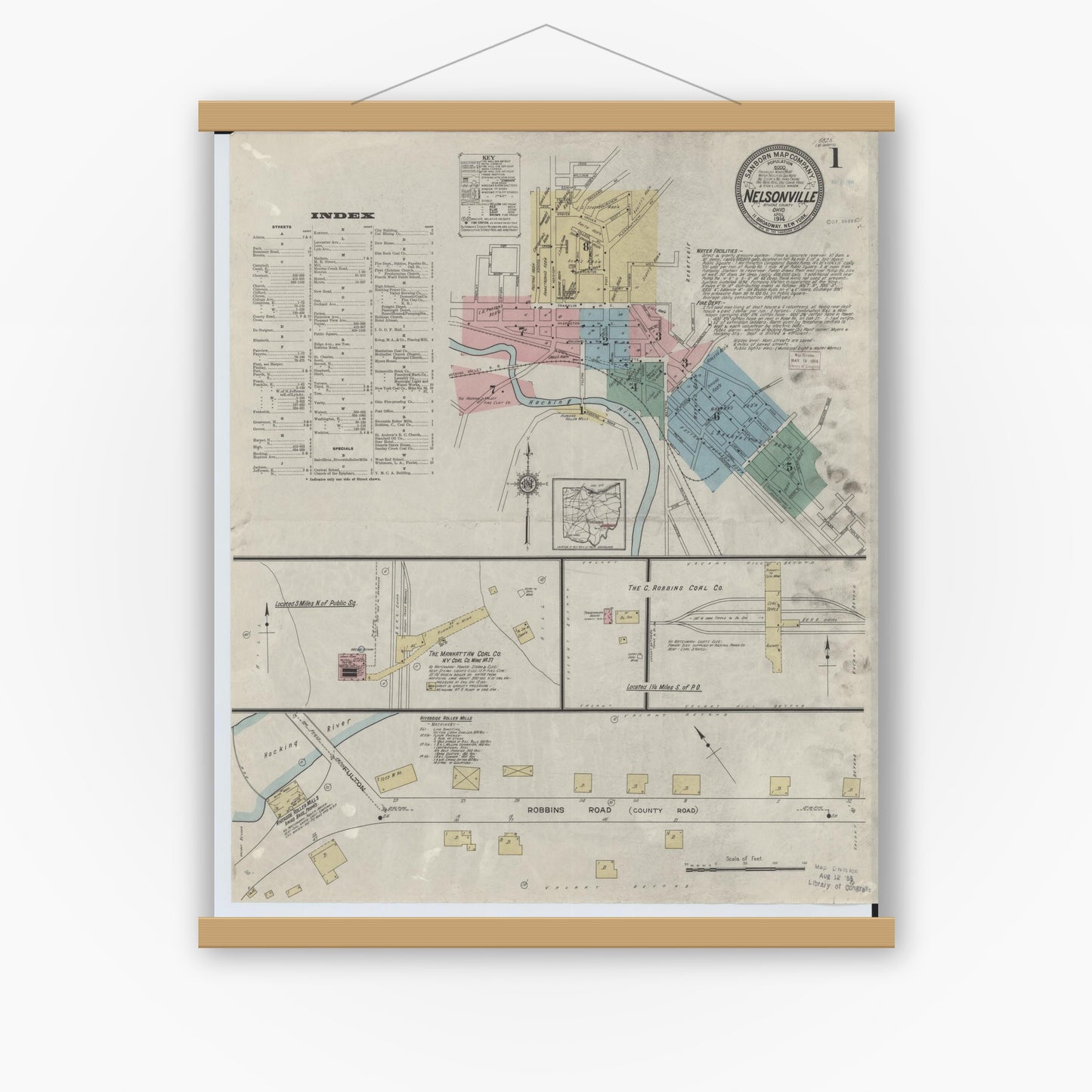 Old map wall art mockup — magnetic wood frame on white wall — Sanborn Fire Insurance Map from Nelsonville, Athens County, Ohio (1914), Sheet #0001