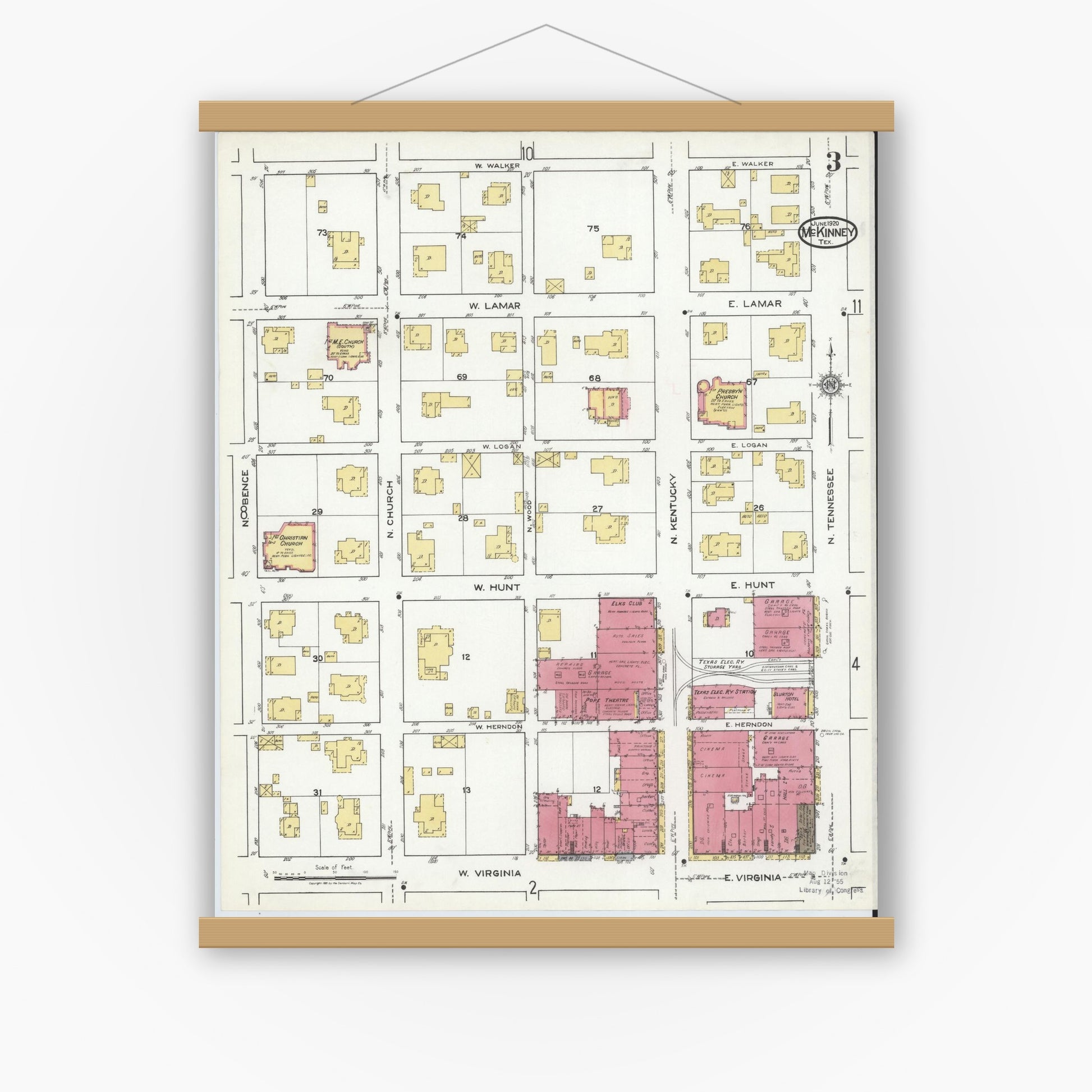 Old map wall art mockup — magnetic wood frame on white wall — Sanborn Fire Insurance Map from McKinney, Collin County, Texas (1920), Sheet #0003