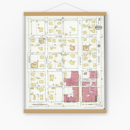 Old map wall art mockup — magnetic wood frame on white wall — Sanborn Fire Insurance Map from McKinney, Collin County, Texas (1920), Sheet #0003