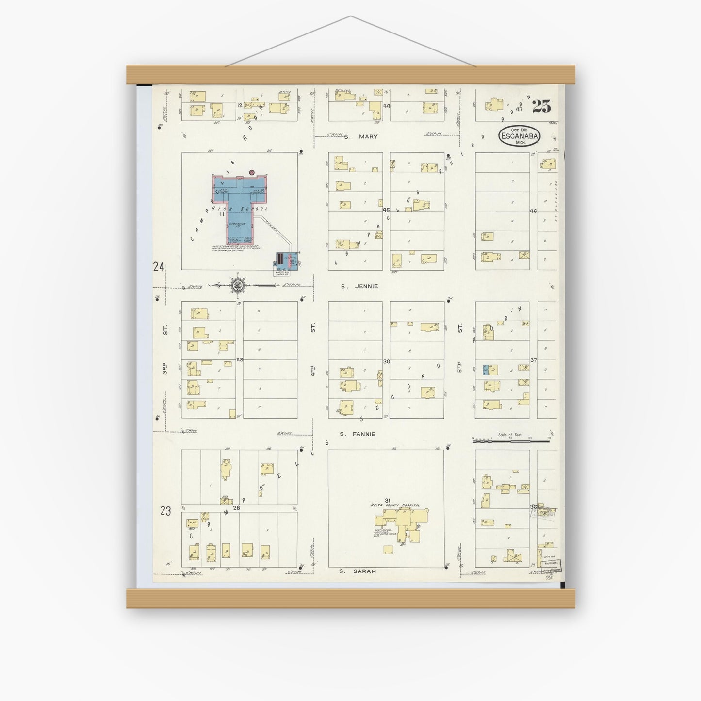 Old map wall art mockup — magnetic wood frame on white wall — Sanborn Fire Insurance Map from Escanaba, Delta County, Michigan (1913), Sheet #0025