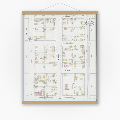 Old map wall art mockup — magnetic wood frame on white wall — Sanborn Fire Insurance Map from Mankato, Blue Earth County, Minnesota (1889), Sheet #0010