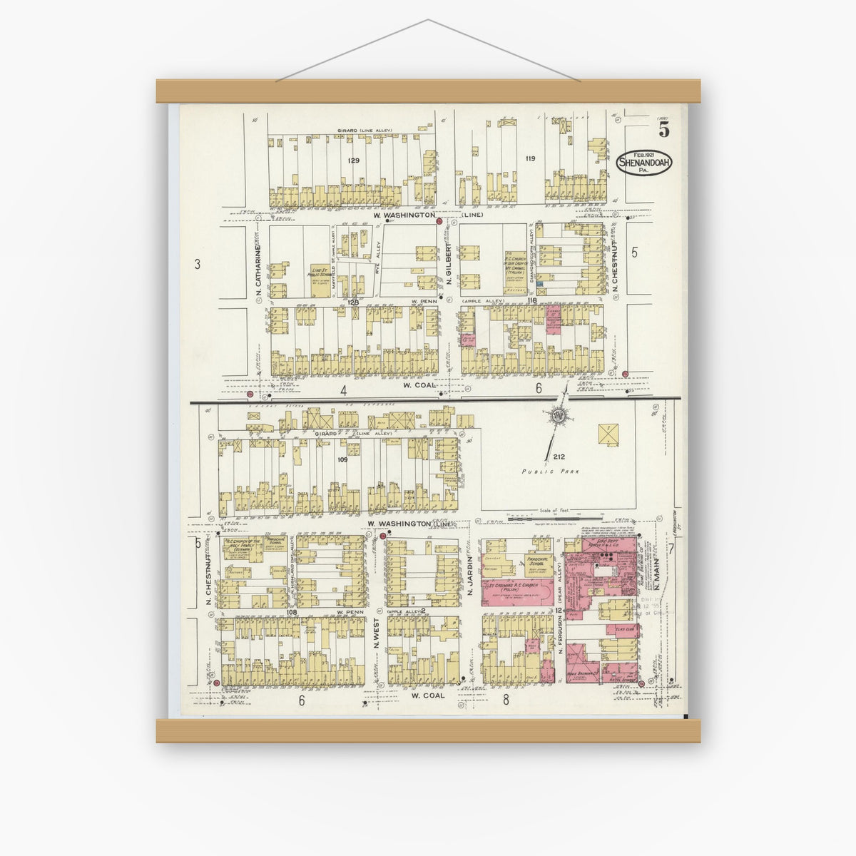 Old map wall art mockup — magnetic wood frame on white wall — Sanborn Fire Insurance Map from Shenandoah, Schuylkill County, Pennsylvania (1921), Sheet #0005