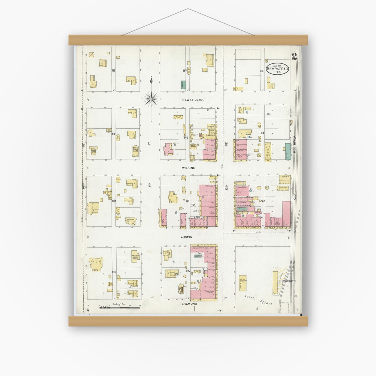 Old map wall art mockup — magnetic wood frame on white wall — Sanborn Fire Insurance Map from Hempstead, Waller County, Texas (1906), Sheet #0002