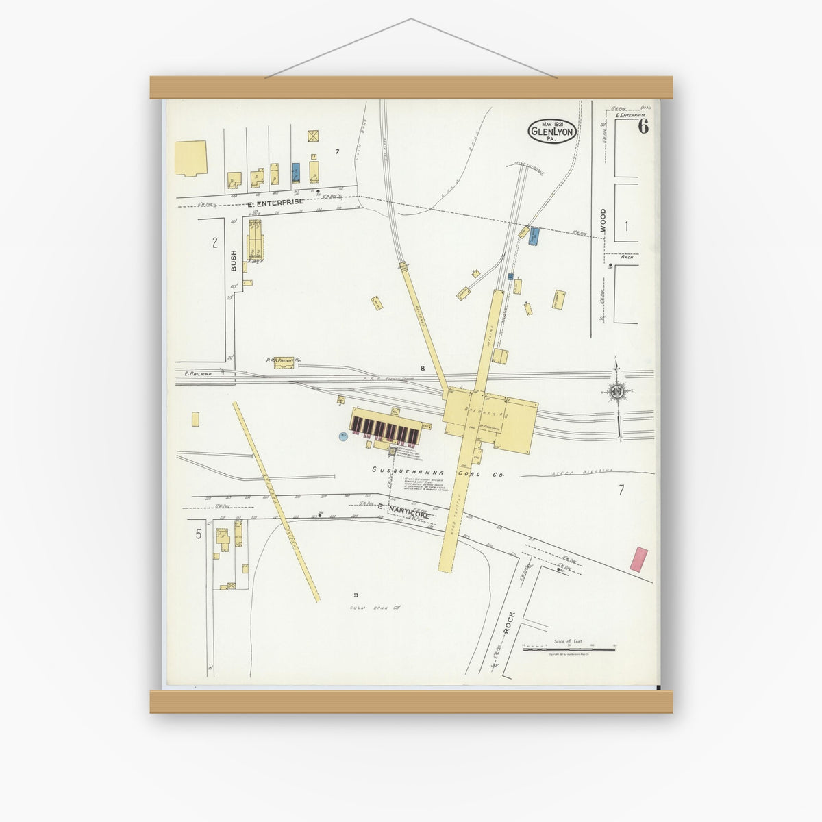 Old map wall art mockup — magnetic wood frame on white wall — Sanborn Fire Insurance Map from Glen Lyon, Luzerne County, Pennsylvania (1921), Sheet #0006
