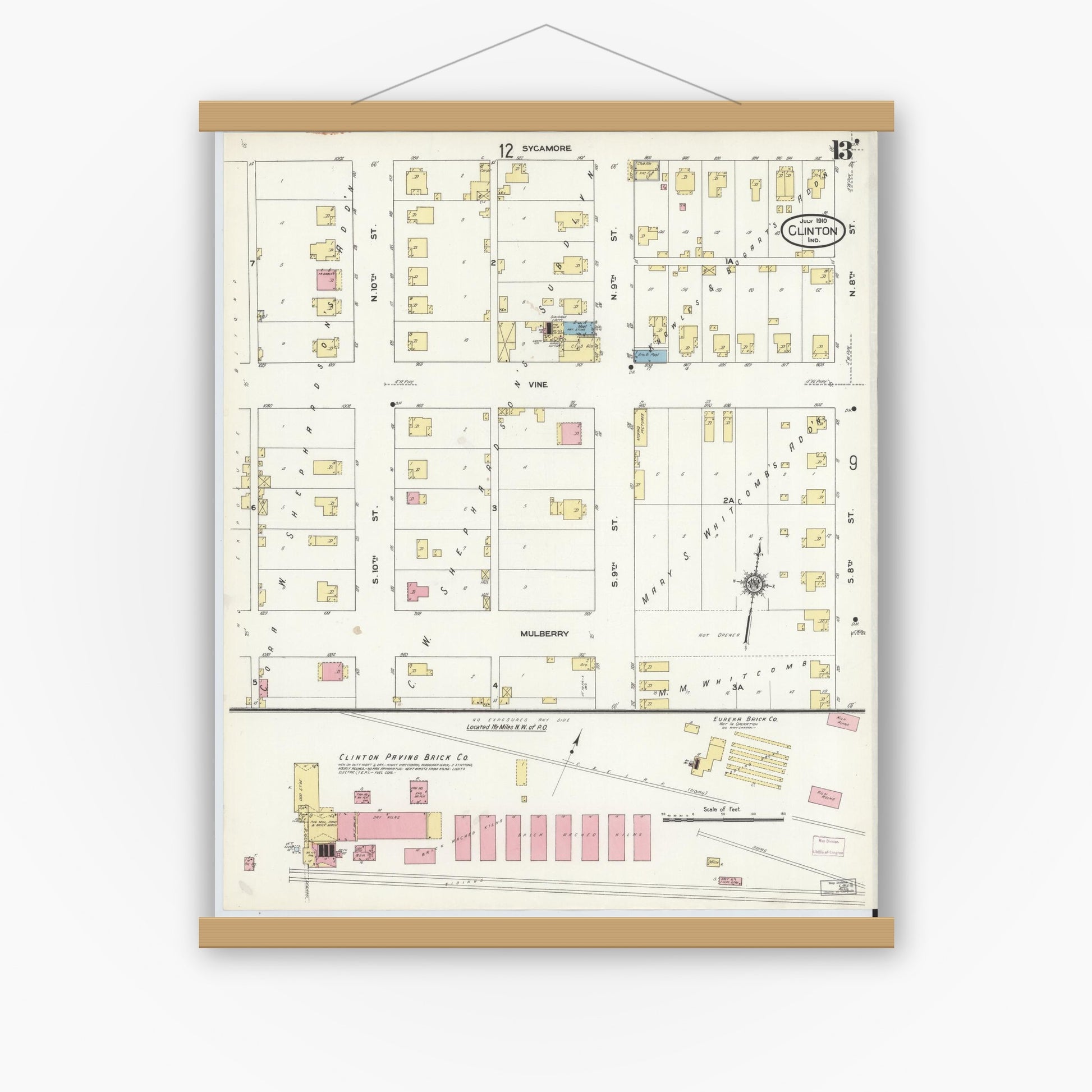 Old map wall art mockup — magnetic wood frame on white wall — Sanborn Fire Insurance Map from Clinton, Vermillion County, Indiana (1910), Sheet #0013