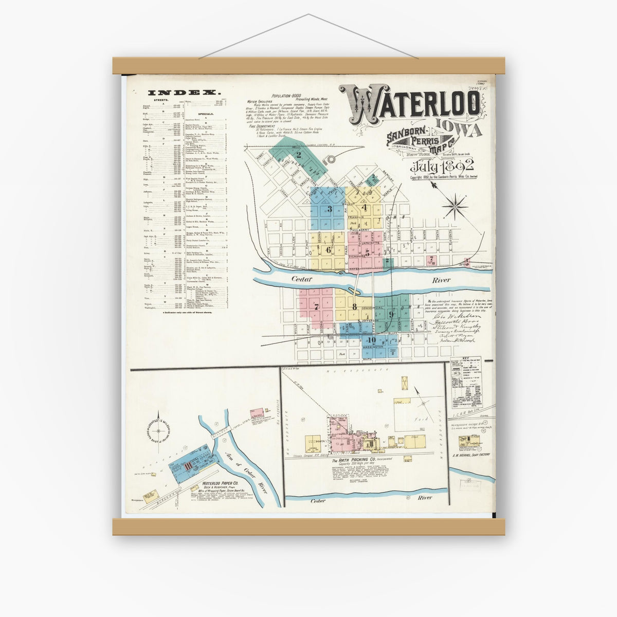 Old map wall art mockup — magnetic wood frame on white wall — Sanborn Fire Insurance Map from Waterloo, Black Hawk County, Iowa (1892) â€” Complete Set