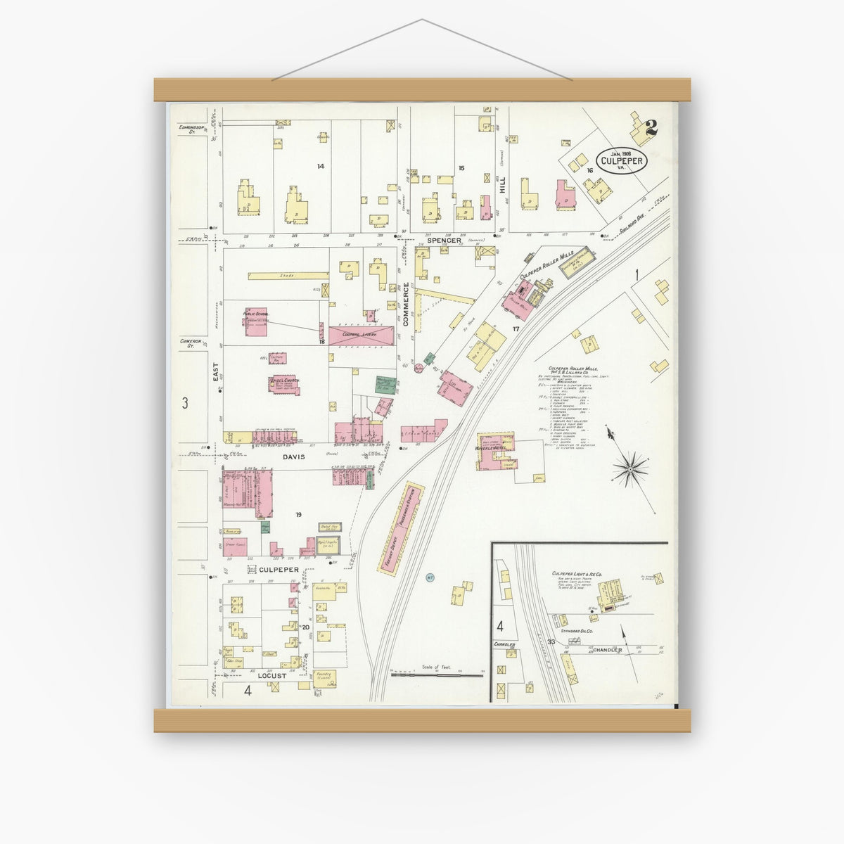 Old map wall art mockup — magnetic wood frame on white wall — Sanborn Fire Insurance Map from Culpeper, Culpeper County, Virginia (1908), Sheet #0002