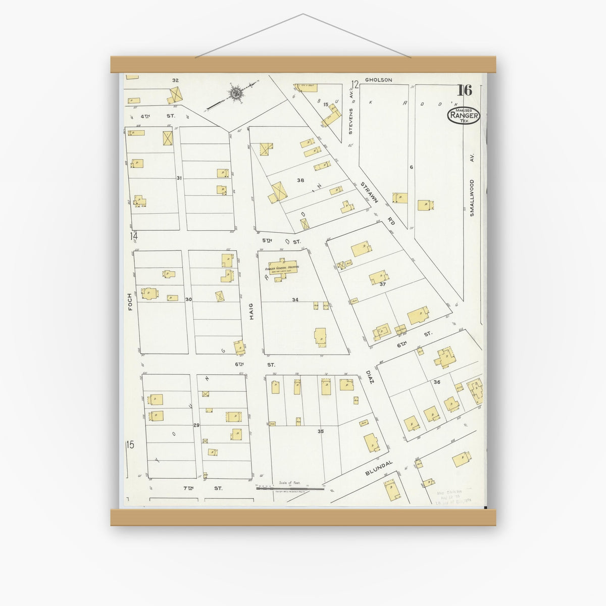 Old map wall art mockup — magnetic wood frame on white wall — Sanborn Fire Insurance Map from Ranger, Eastland County, Texas (1920), Sheet #0016