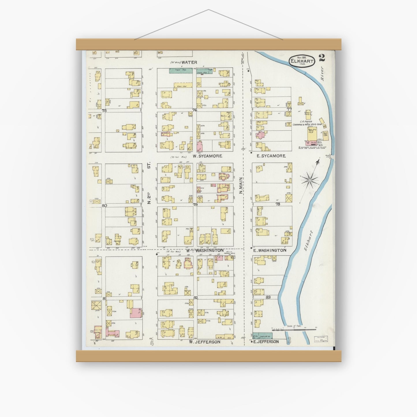 Old map wall art mockup — magnetic wood frame on white wall — Sanborn Fire Insurance Map from Elkhart, Elkhart County, Indiana (1892), Sheet #0002