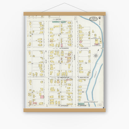 Old map wall art mockup — magnetic wood frame on white wall — Sanborn Fire Insurance Map from Elkhart, Elkhart County, Indiana (1892), Sheet #0002