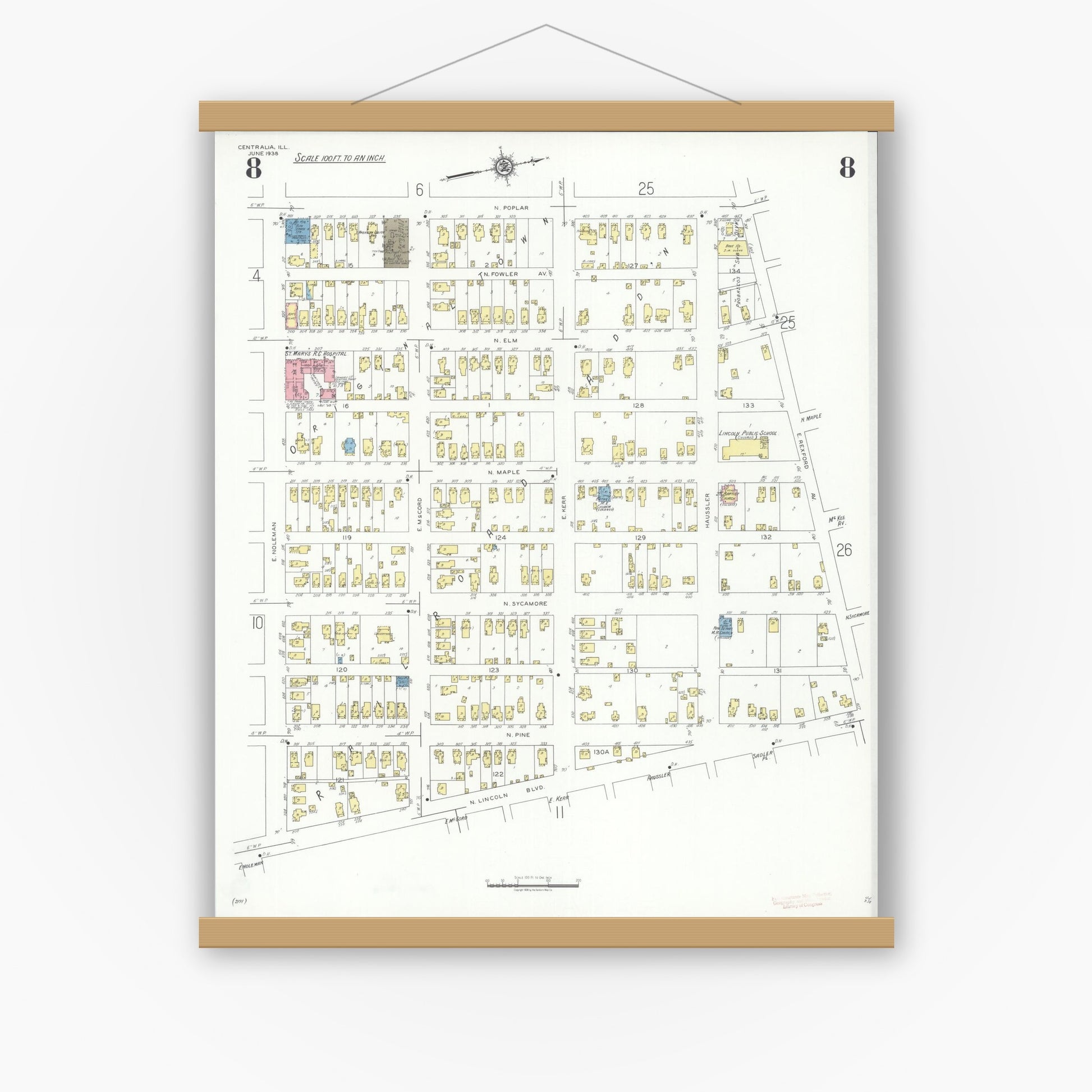 Old map wall art mockup — magnetic wood frame on white wall — Sanborn Fire Insurance Map from Centralia, Marion, Clinton, Jefferson, and Washington Counties, Illinois (1938), Sheet #0008