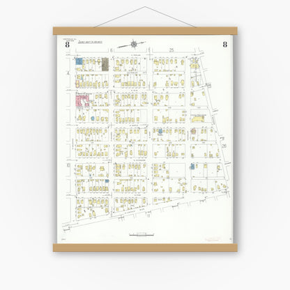 Old map wall art mockup — magnetic wood frame on white wall — Sanborn Fire Insurance Map from Centralia, Marion, Clinton, Jefferson, and Washington Counties, Illinois (1938), Sheet #0008