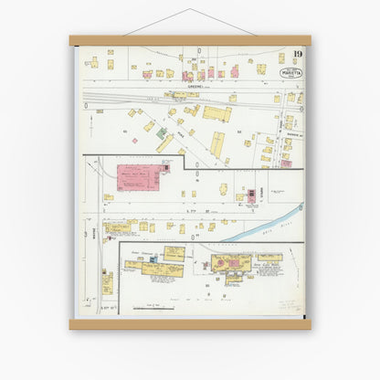 Old map wall art mockup — magnetic wood frame on white wall — Sanborn Fire Insurance Map from Marietta, Washington County, Ohio (1900), Sheet #0019