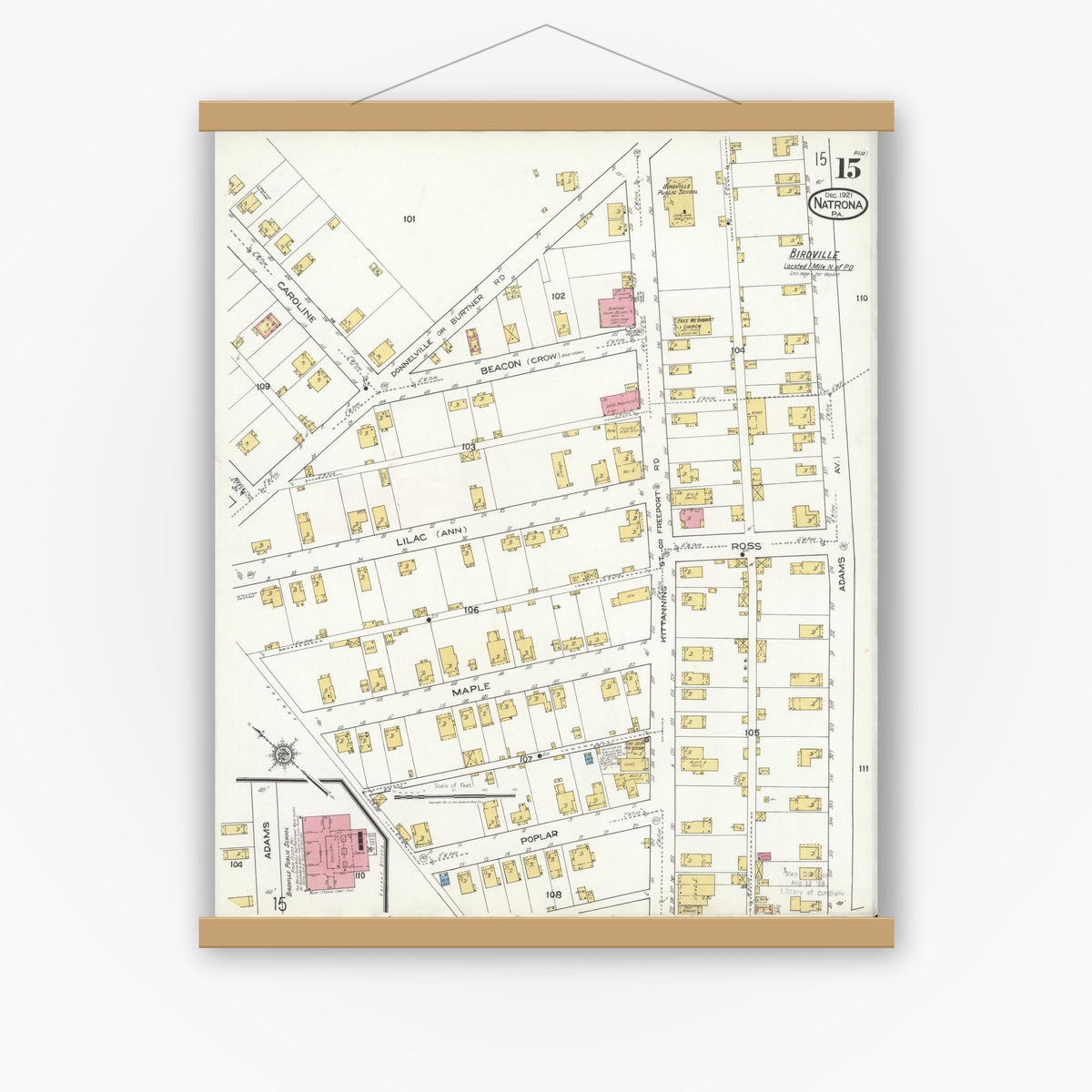 Old map wall art mockup — magnetic wood frame on white wall — Sanborn Fire Insurance Map from Natrona, Allegheny County, Pennsylvania (1921), Sheet #0015