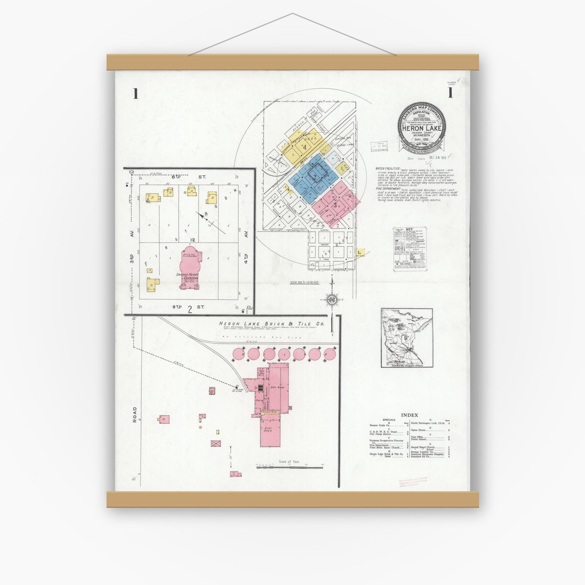 Old map wall art mockup — magnetic wood frame on white wall — Sanborn Fire Insurance Map from Heron Lake, Jackson County, Minnesota (1926) - Complete Map Set