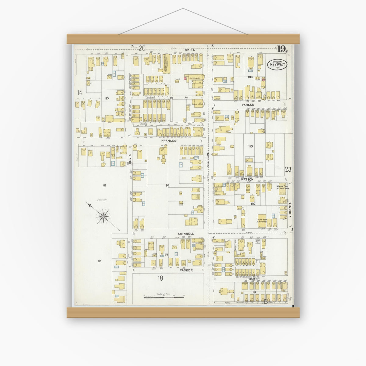 Old map wall art mockup — magnetic wood frame on white wall — Sanborn Fire Insurance Map from Key West, Monroe County, Florida (1899), Sheet #0019