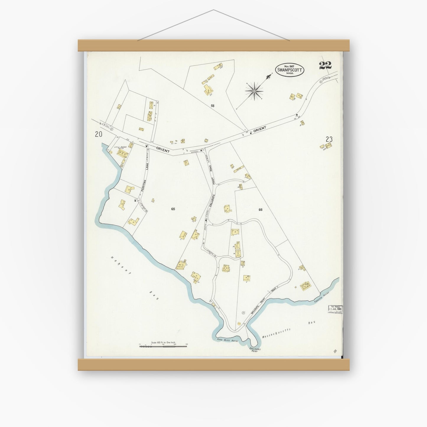 Old map wall art mockup — magnetic wood frame on white wall — Sanborn Fire Insurance Map from Swampscott, Essex County, Massachusetts (1907), Sheet #0022
