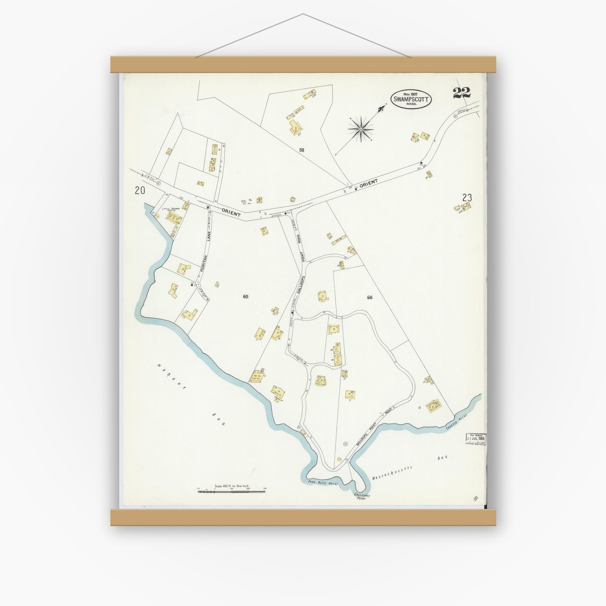 Old map wall art mockup — magnetic wood frame on white wall — Sanborn Fire Insurance Map from Swampscott, Essex County, Massachusetts (1907), Sheet #0022