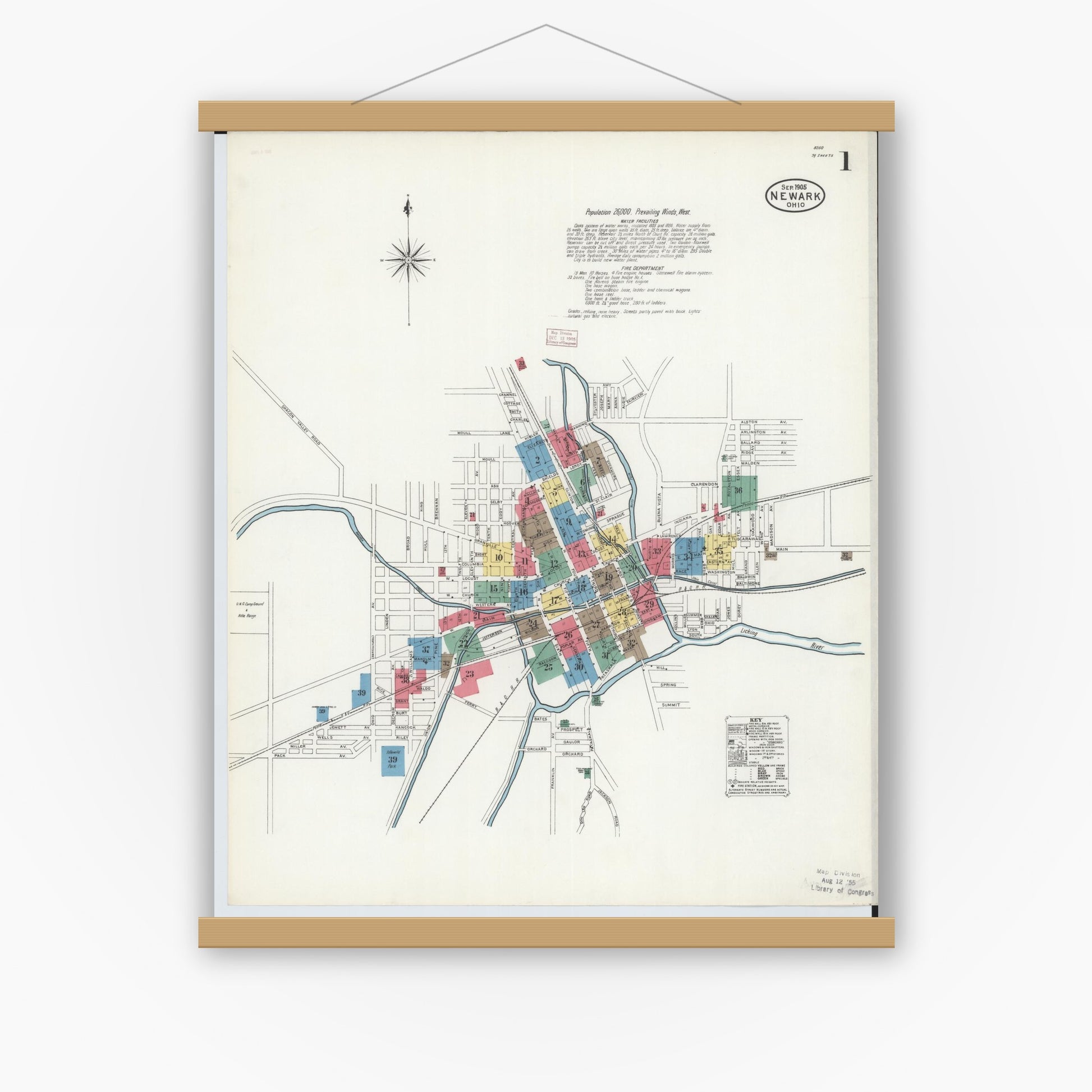 Old map wall art mockup — magnetic wood frame on white wall — Sanborn Fire Insurance Map from Newark, Licking County, Ohio (1905), Sheet #0001