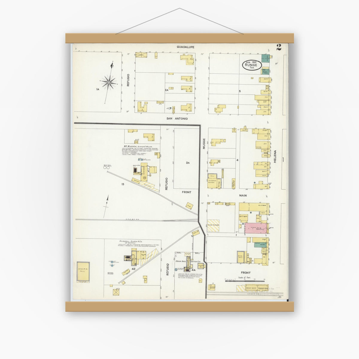 Old map wall art mockup — magnetic wood frame on white wall — Sanborn Fire Insurance Map from Runge, Karnes County, Texas (1907), Sheet #0002