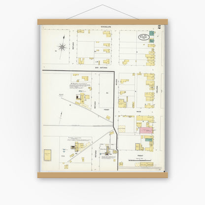 Old map wall art mockup — magnetic wood frame on white wall — Sanborn Fire Insurance Map from Runge, Karnes County, Texas (1907), Sheet #0002