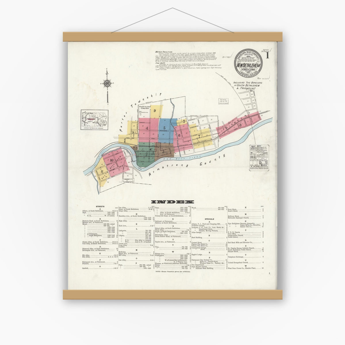 Old map wall art mockup — magnetic wood frame on white wall — Sanborn Fire Insurance Map from New Bethlehem, Clarion County, Pennsylvania (1921), Sheet #0001