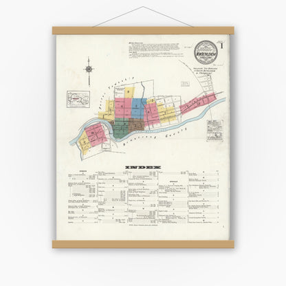 Old map wall art mockup — magnetic wood frame on white wall — Sanborn Fire Insurance Map from New Bethlehem, Clarion County, Pennsylvania (1921), Sheet #0001