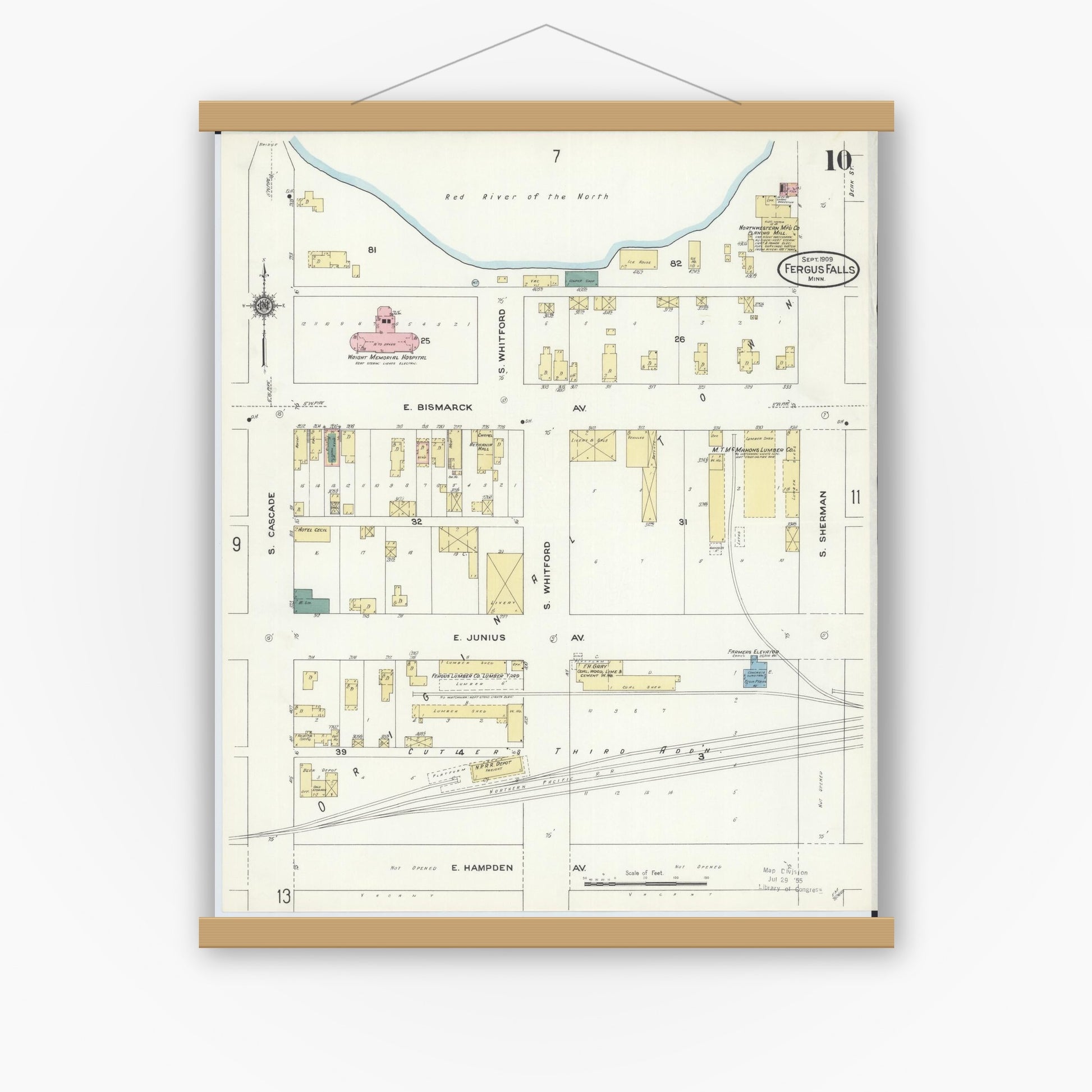 Old map wall art mockup — magnetic wood frame on white wall — Sanborn Fire Insurance Map from Fergus Falls, Otter Tail County, Minnesota (1909), Sheet #0010