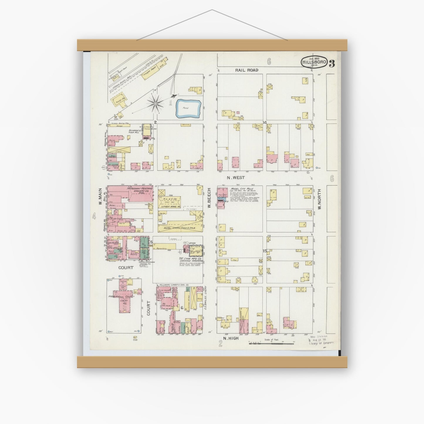 Old map wall art mockup — magnetic wood frame on white wall — Sanborn Fire Insurance Map from Hillsboro, Highland County, Ohio (1893), Sheet #0003