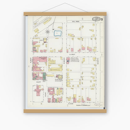 Old map wall art mockup — magnetic wood frame on white wall — Sanborn Fire Insurance Map from Hillsboro, Highland County, Ohio (1893), Sheet #0003
