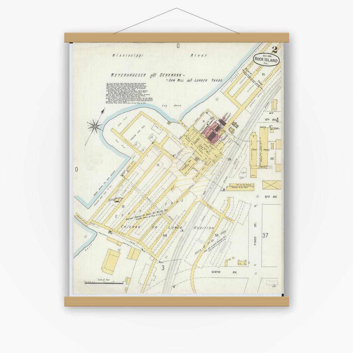 Old map wall art mockup — magnetic wood frame on white wall — Sanborn Fire Insurance Map from Rock Island, Rock Island County, Illinois (1898), Sheet #0002