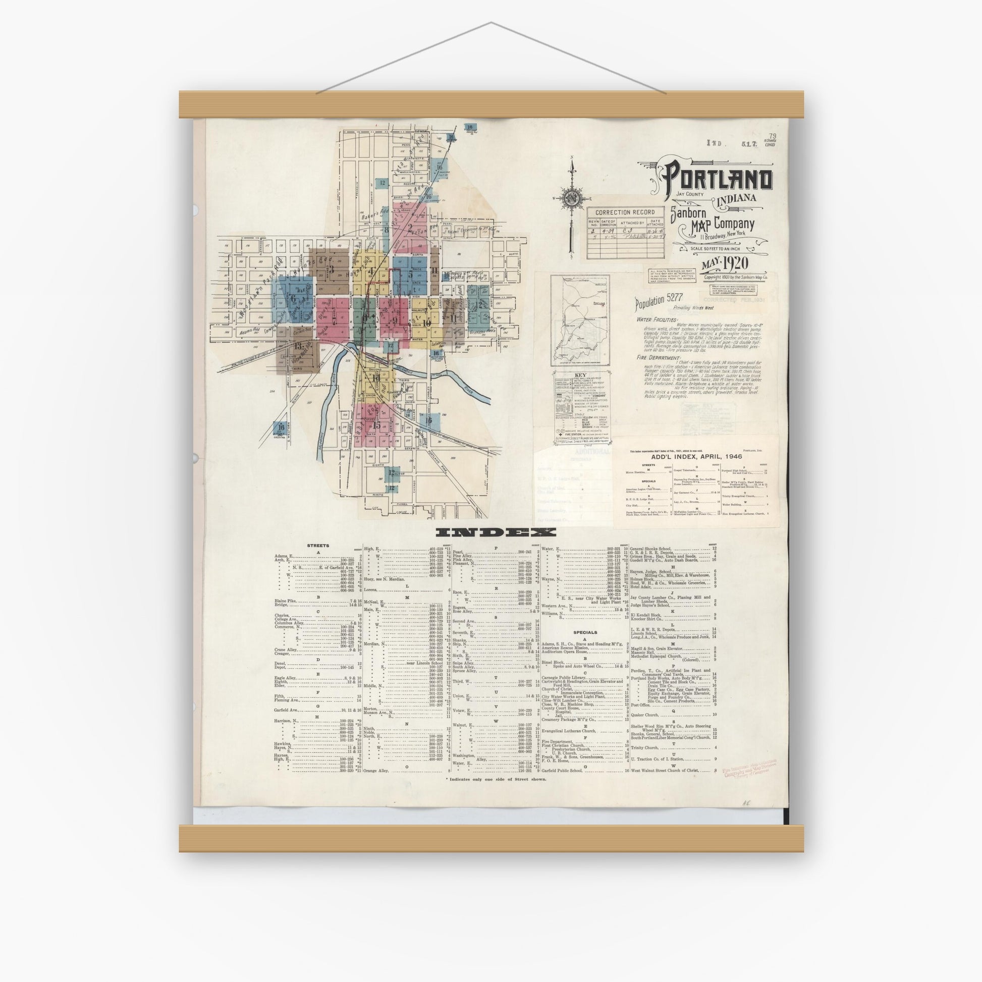 Old map wall art mockup — magnetic wood frame on white wall — Sanborn Fire Insurance Map from Portland, Jay County, Indiana (1946) - Complete Map Set