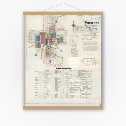 Old map wall art mockup — magnetic wood frame on white wall — Sanborn Fire Insurance Map from Portland, Jay County, Indiana (1946) - Complete Map Set