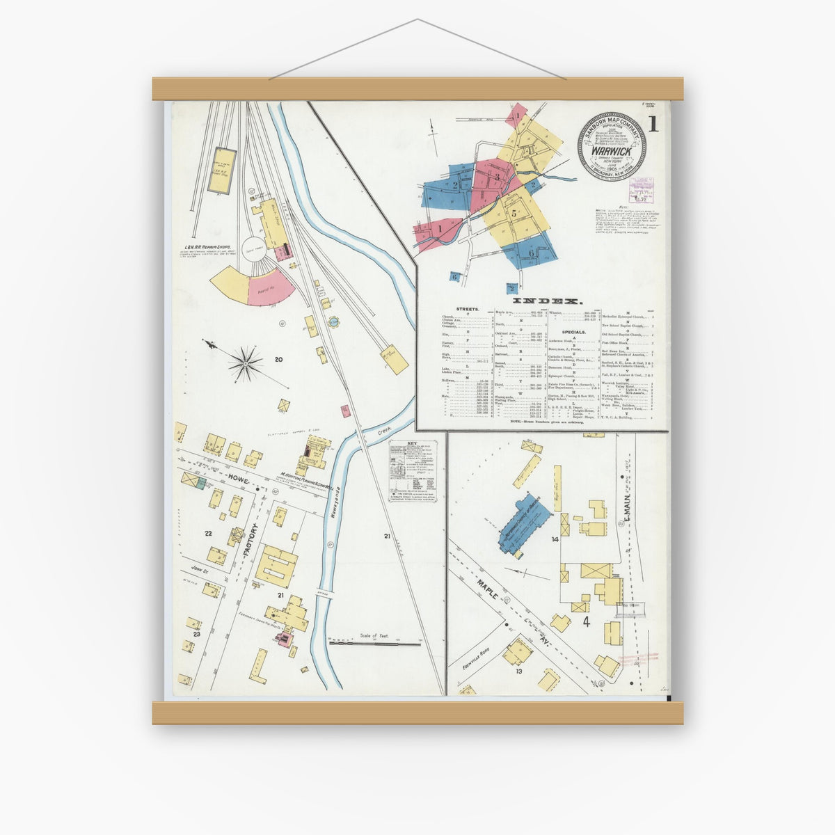 Old map wall art mockup — magnetic wood frame on white wall — Sanborn Fire Insurance Map from Warwick, Orange County, New York (1905), Sheet #0001