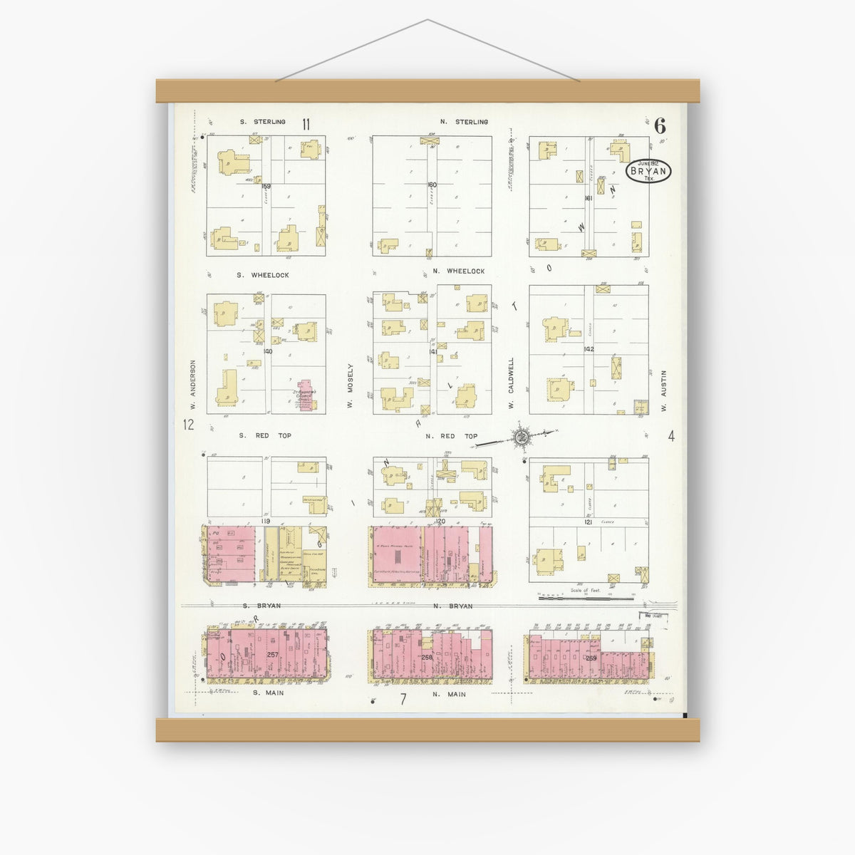 Old map wall art mockup — magnetic wood frame on white wall — Sanborn Fire Insurance Map from Bryan, Brazos County, Texas (1912), Sheet #0006