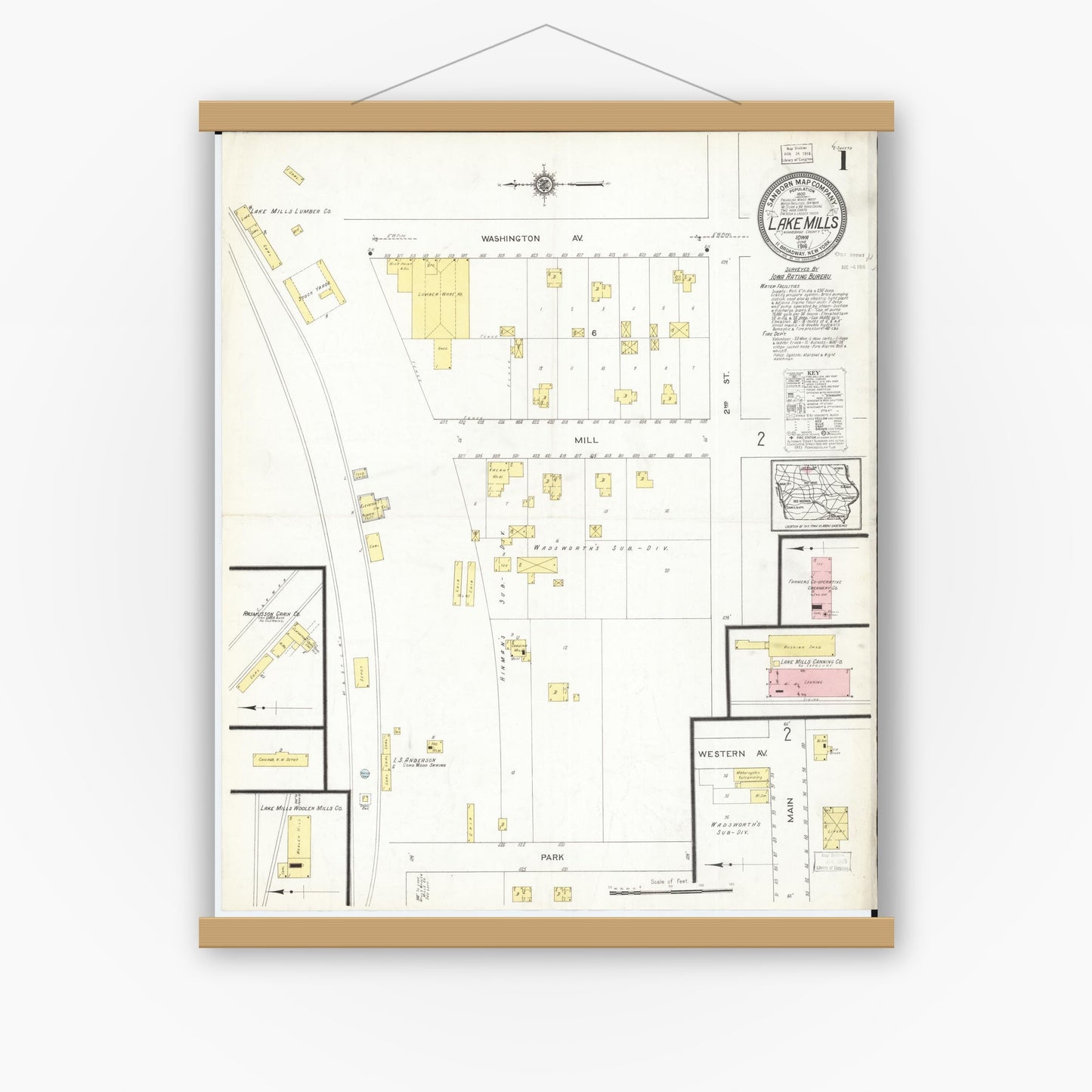 Old map wall art mockup — magnetic wood frame on white wall — Sanborn Fire Insurance Map from Lake Mills, Winnebago County, Iowa (1916) â€” Complete Set