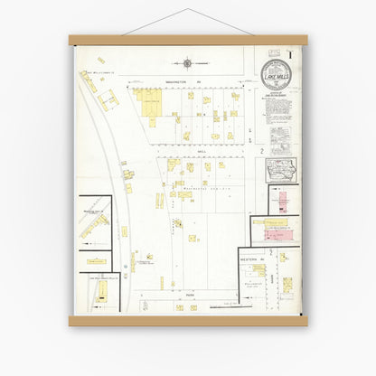 Old map wall art mockup — magnetic wood frame on white wall — Sanborn Fire Insurance Map from Lake Mills, Winnebago County, Iowa (1916) â€” Complete Set