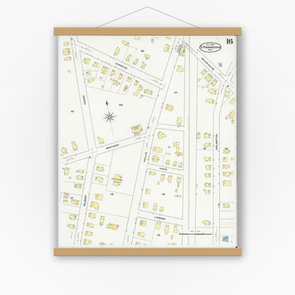 Old map wall art mockup — magnetic wood frame on white wall — Sanborn Fire Insurance Map from South Farmington, Middlesex County, Massachusetts (1909), Sheet #0016