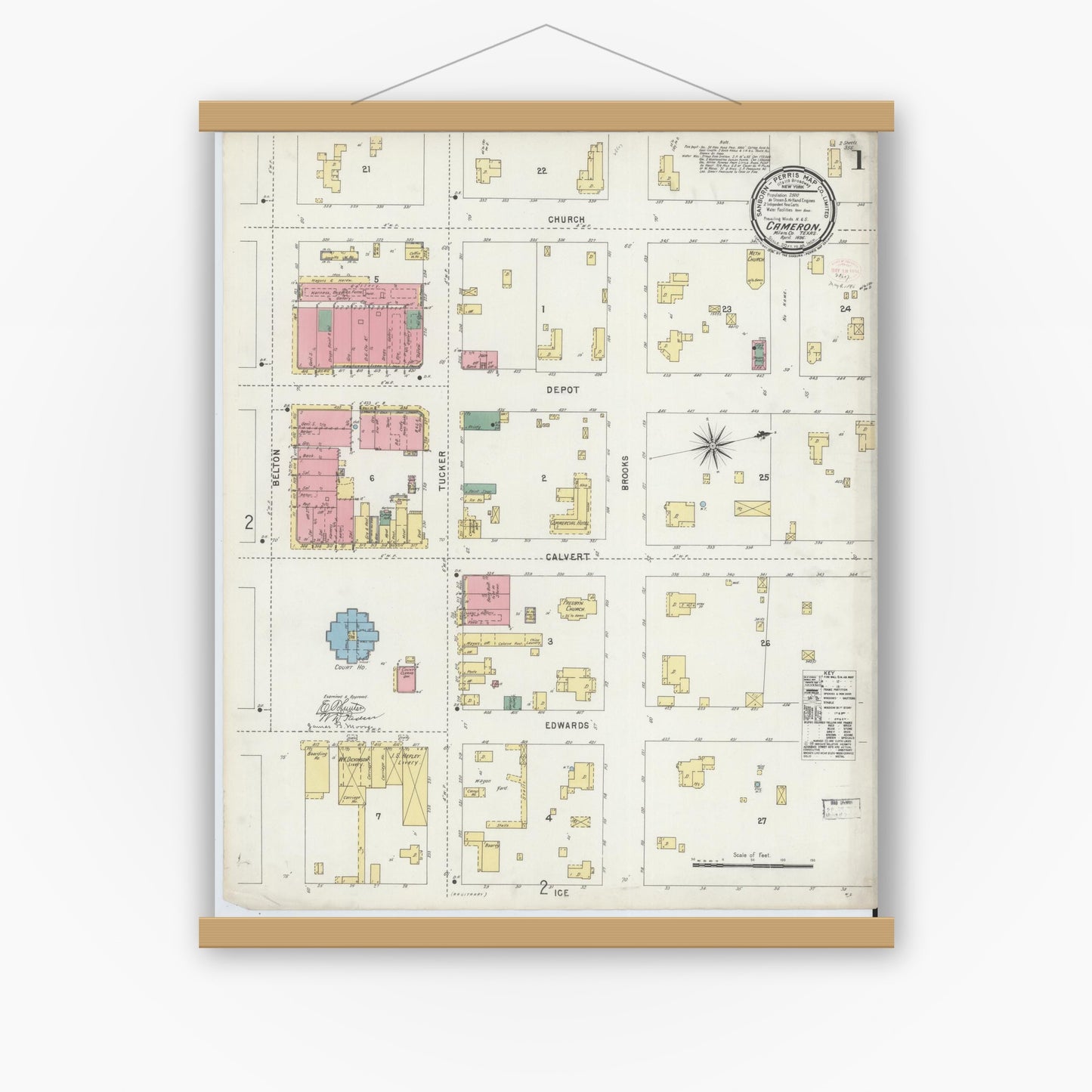 Old map wall art mockup — magnetic wood frame on white wall — Sanborn Fire Insurance Map from Cameron, Milam County, Texas (1896), Sheet #0001