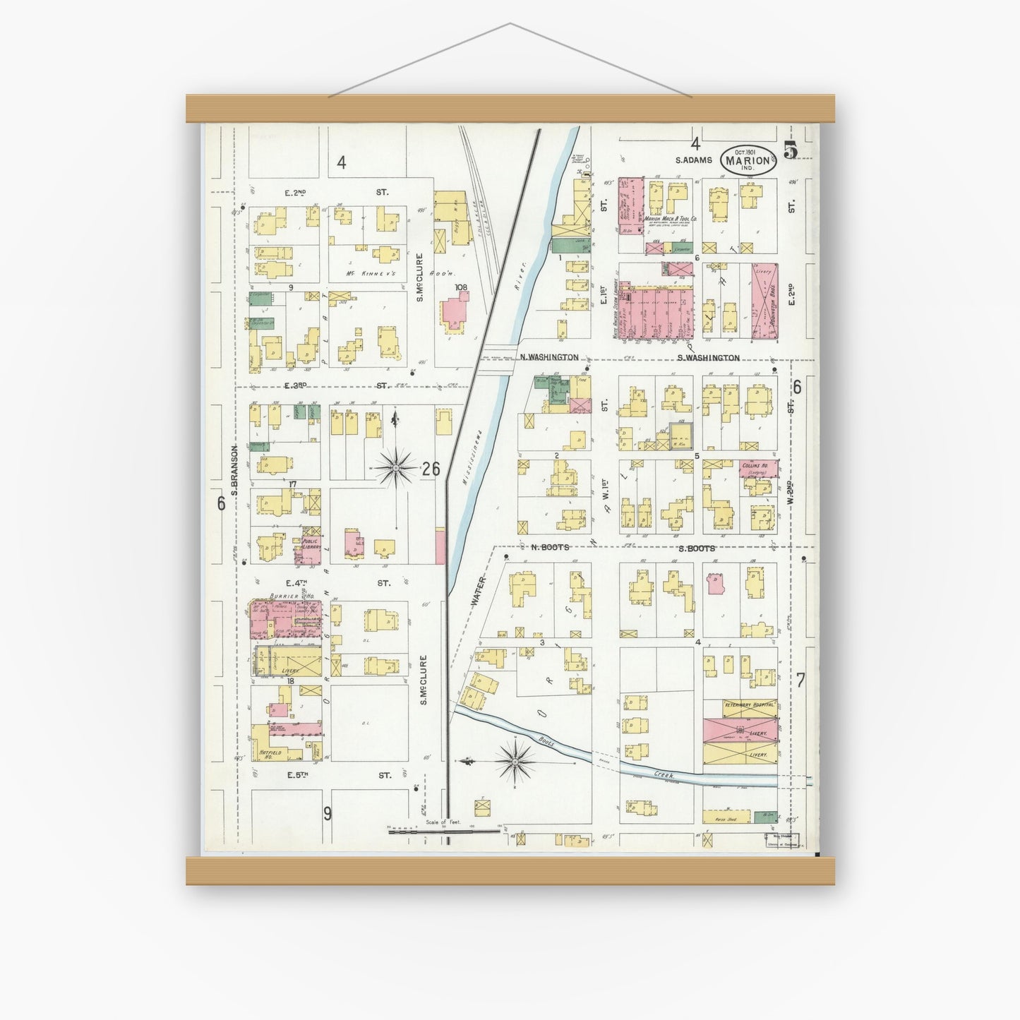 Old map wall art mockup — magnetic wood frame on white wall — Sanborn Fire Insurance Map from Marion, Grant County, Indiana (1901), Sheet #0005