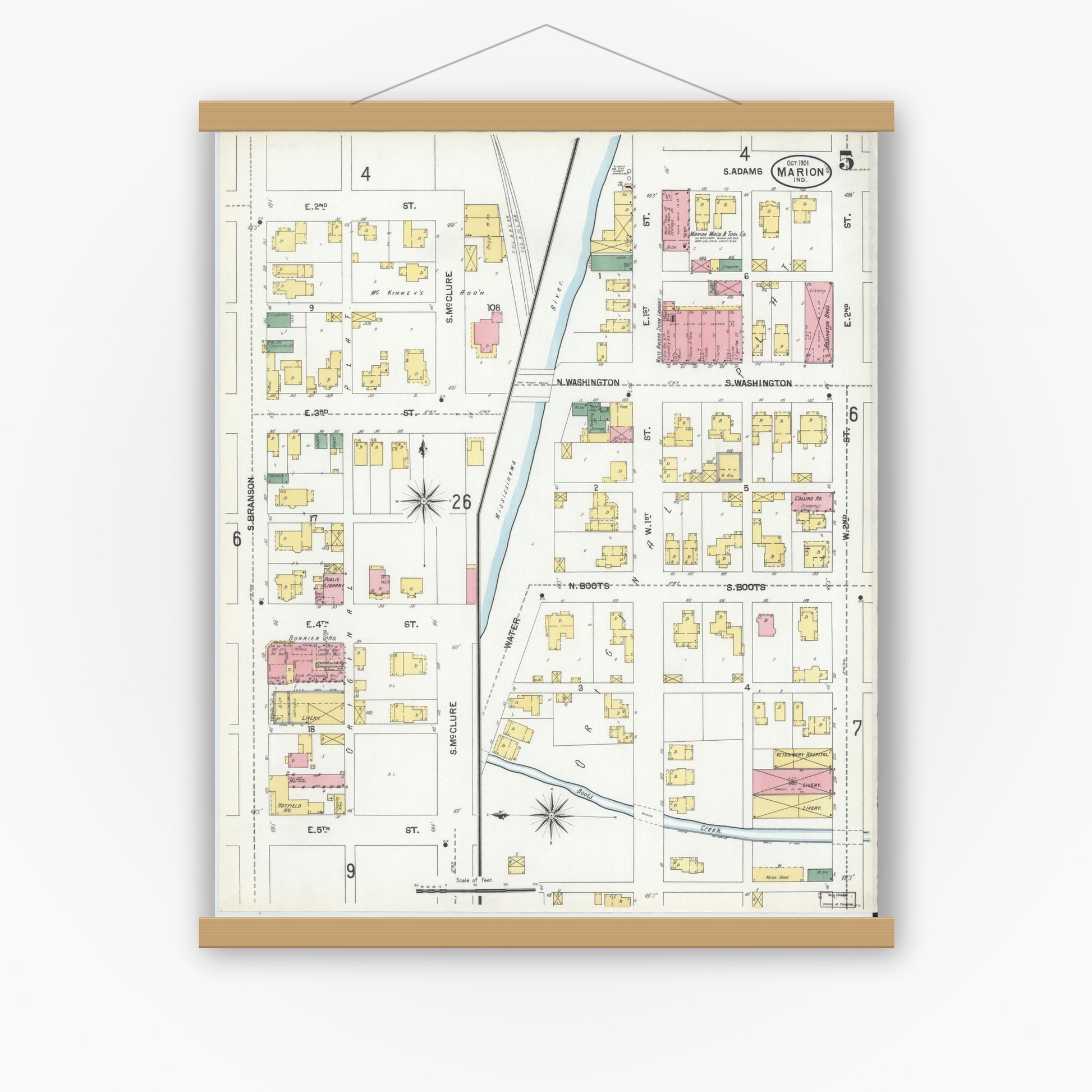 Old map wall art mockup — magnetic wood frame on white wall — Sanborn Fire Insurance Map from Marion, Grant County, Indiana (1901), Sheet #0005