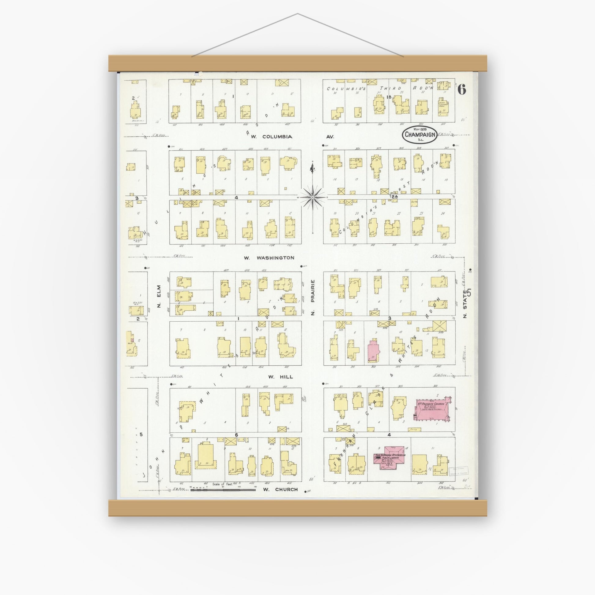 Old map wall art mockup — magnetic wood frame on white wall — Sanborn Fire Insurance Map from Champaign, Champaign County, Illinois (1909), Sheet #0006