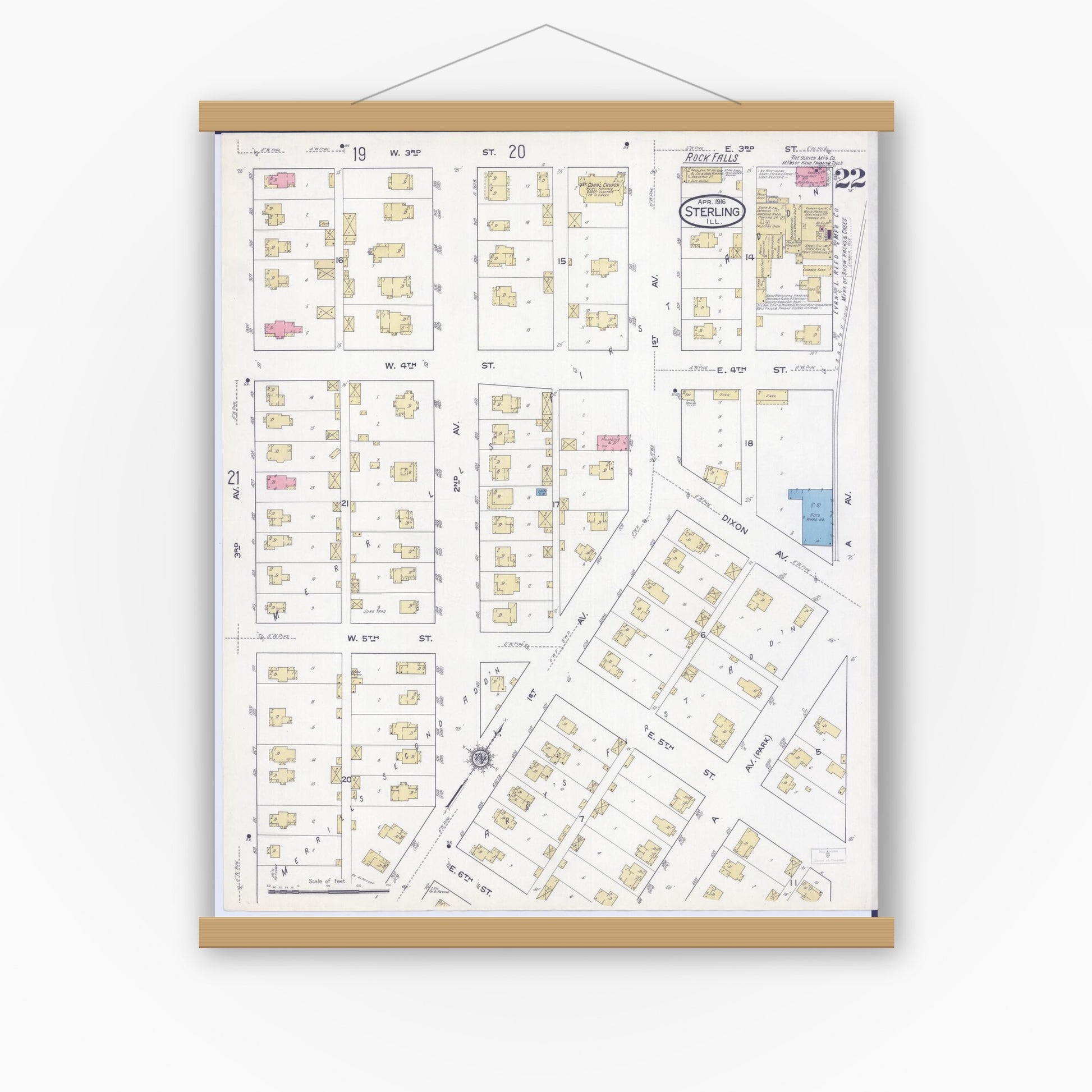 Old map wall art mockup — magnetic wood frame on white wall — Sanborn Fire Insurance Map from Sterling, Whiteside County, Illinois (1916), Sheet #0022