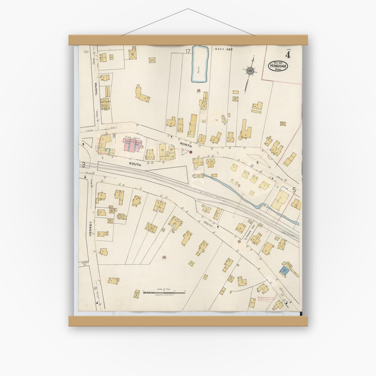 Old map wall art mockup — magnetic wood frame on white wall — Sanborn Fire Insurance Map from Hingham, Plymouth County, Massachusetts (1948), Sheet #0004