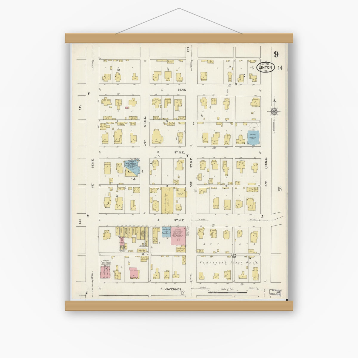 Old map wall art mockup — magnetic wood frame on white wall — Sanborn Fire Insurance Map from Linton, Greene County, Indiana (1915), Sheet #0009