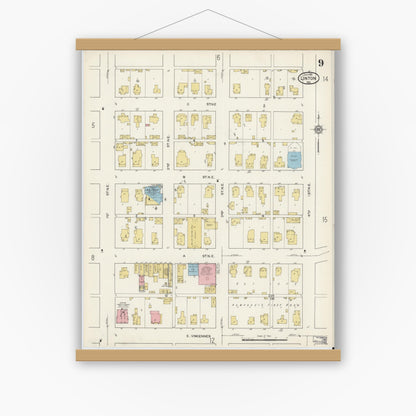 Old map wall art mockup — magnetic wood frame on white wall — Sanborn Fire Insurance Map from Linton, Greene County, Indiana (1915), Sheet #0009