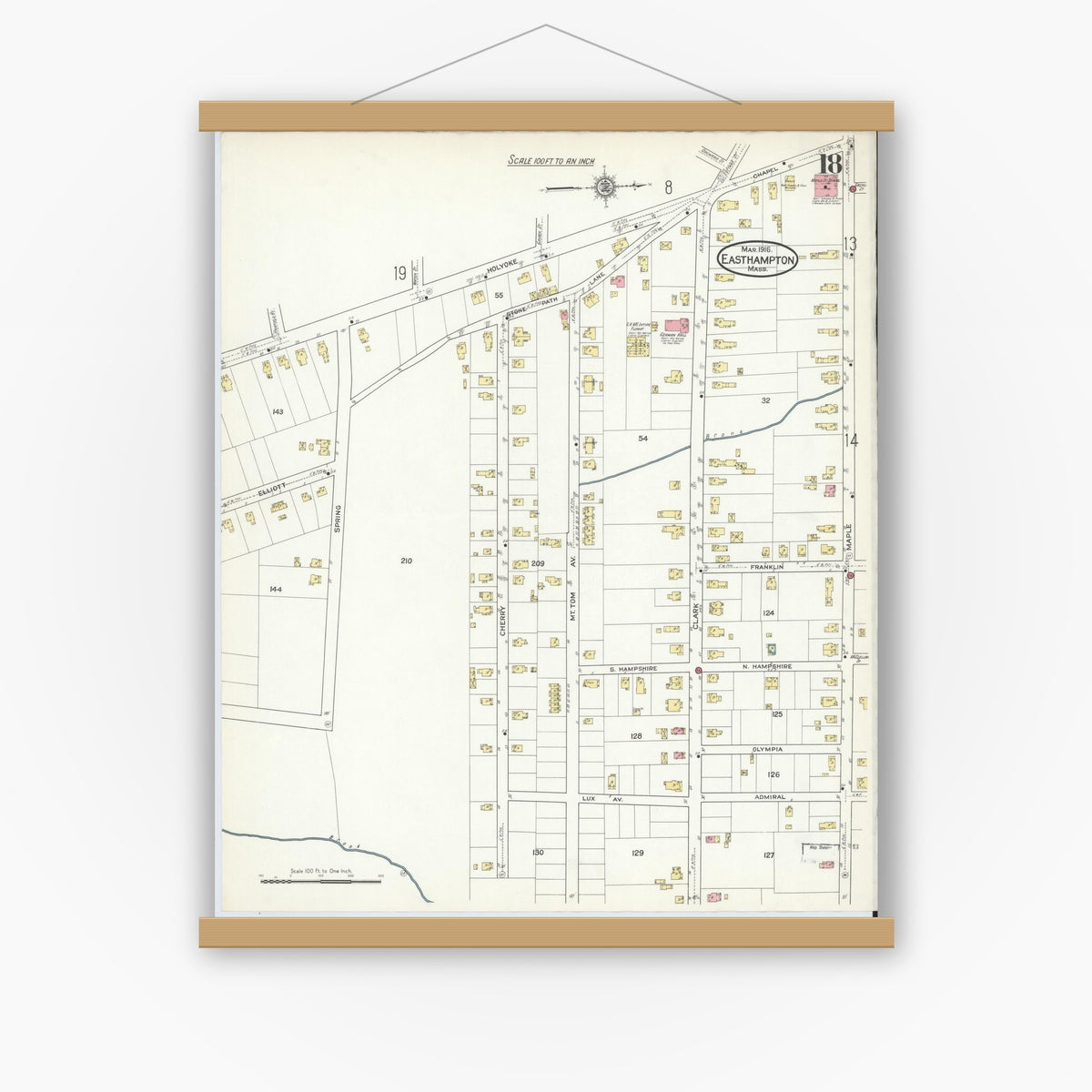 Old map wall art mockup — magnetic wood frame on white wall — Sanborn Fire Insurance Map from East Hampton, Hampshire County, Massachusetts (1916), Sheet #0018