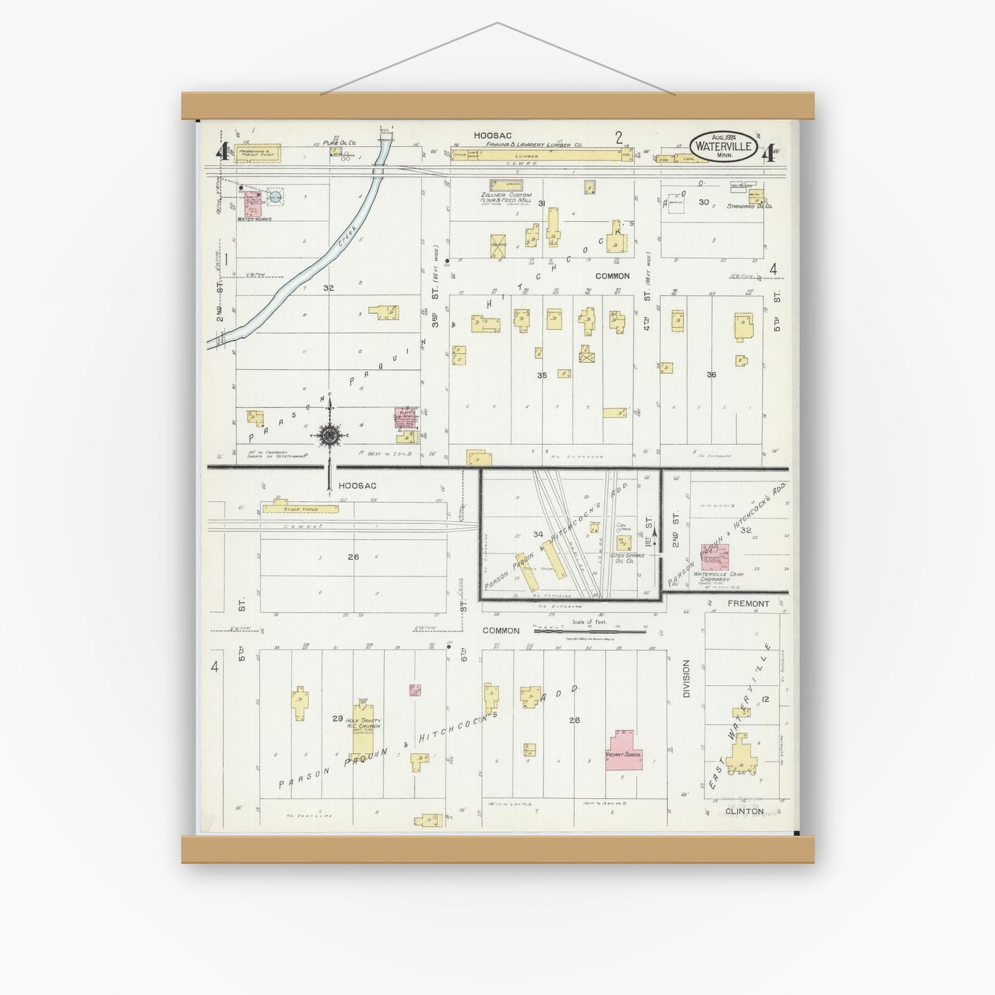 Old map wall art mockup — magnetic wood frame on white wall — Sanborn Fire Insurance Map from Waterville, Le Sueur County, Minnesota (1924), Sheet #0004