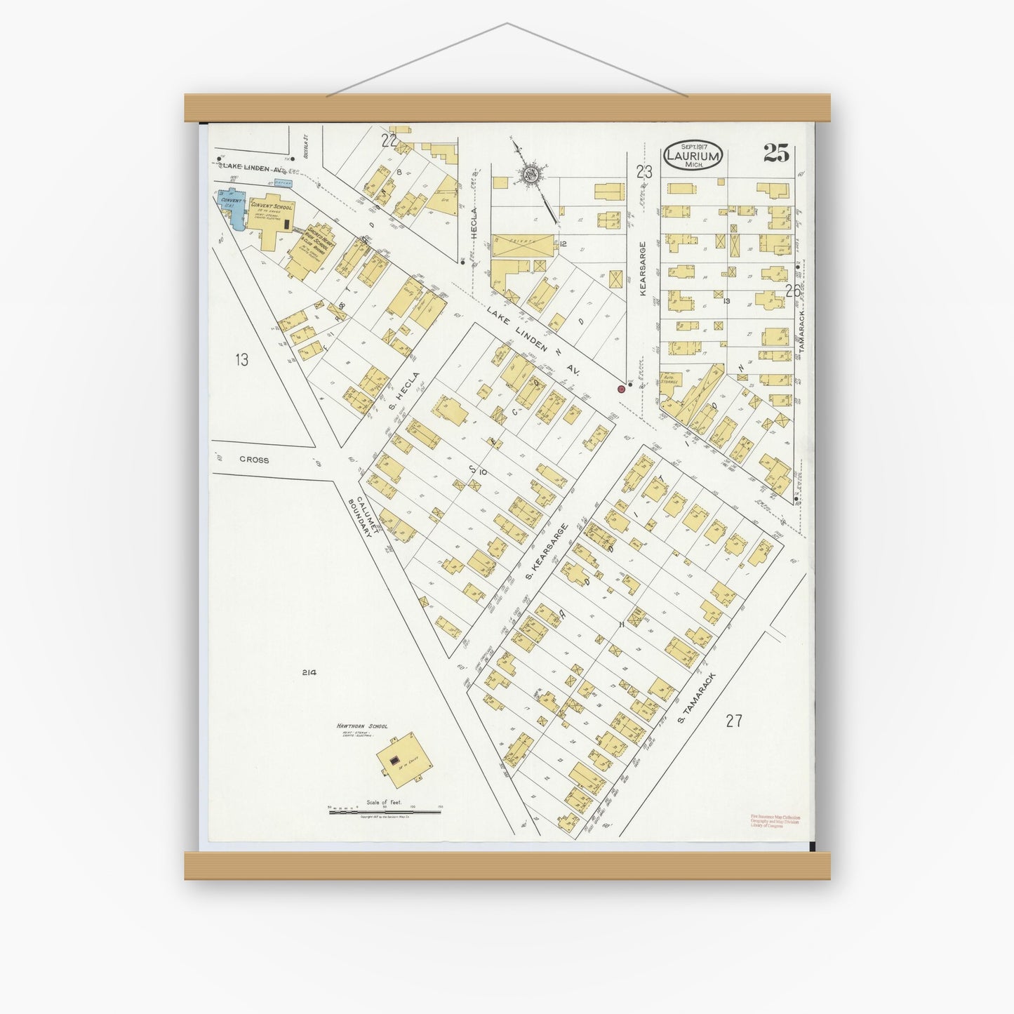 Old map wall art mockup — magnetic wood frame on white wall — Sanborn Fire Insurance Map from Laurium, Houghton County, Michigan (1917), Sheet #0025